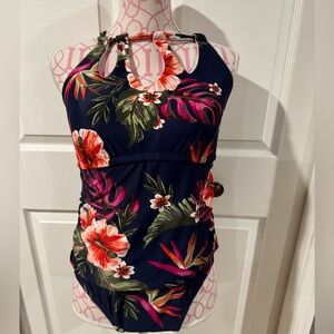 NWT Kona Sol Keyhole Braided Strap One Piece Navy Blue Tropical Swimsuit sz 16W